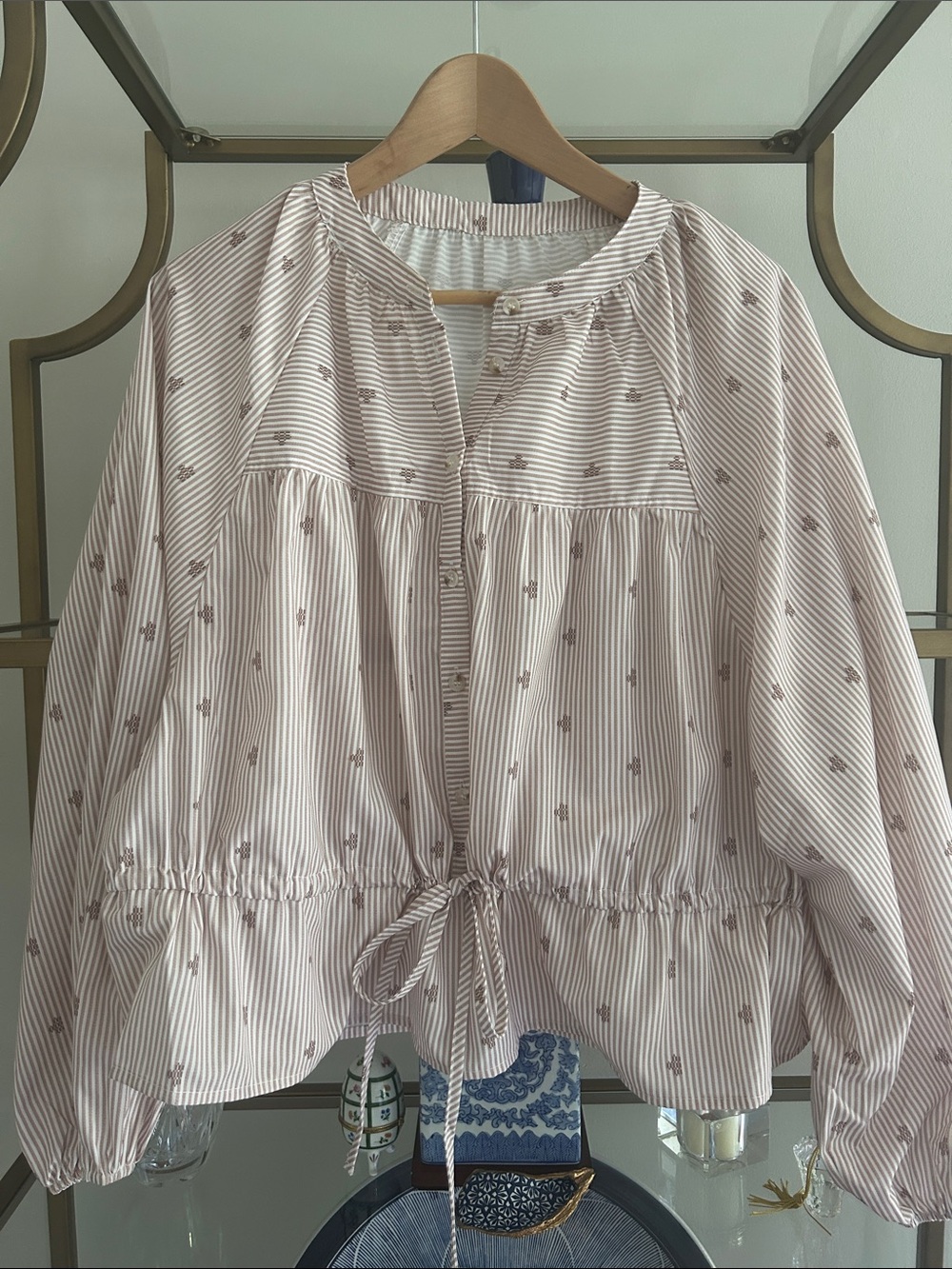 Light Taupe Striped Drawstring Peasant Blouse